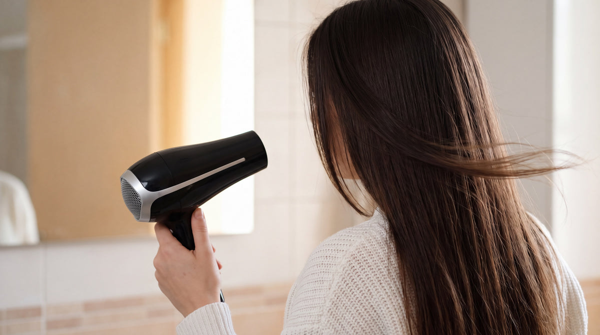 Mujer secando su cabello largo y liso con un secador iónico en el baño, categoría Secadores de BRILLABONITA™
